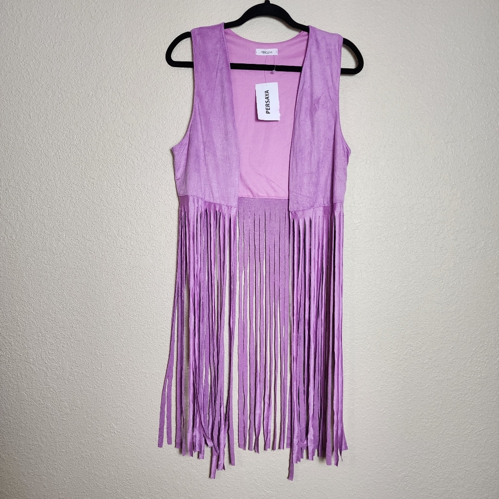 Persaya Faux Suede Fringe Vest Women's Small New